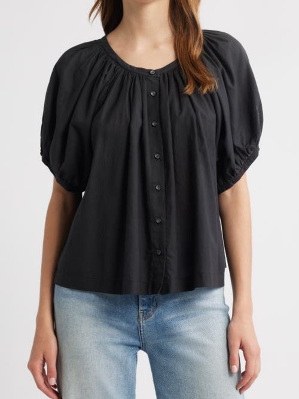 Doen June Black Puff-Sleeve Button-Front Blouse